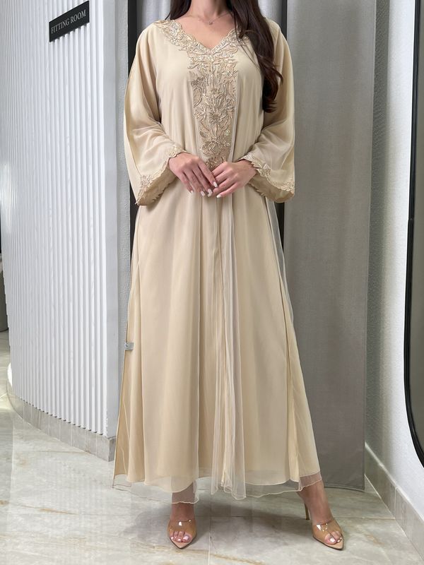 شيفون مزدوج + تول مطرز بتطريز M5awar